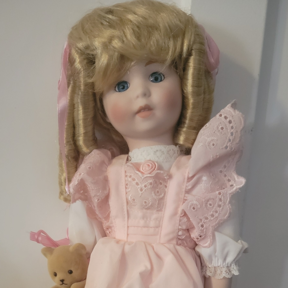 Limited Edition Crown Royale Pink Lace Porcelain Doll with Teddy Bear